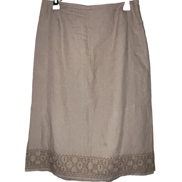 Ann Taylor Linen Skirt Sz 8 Tan Embroidered A Line Side‎ Slits Lined Minimalist - Picture 1 of 11